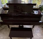 K. Kawai Baby Grand Piano 88 Keys 3 Pedals Mahogany Finish Brown. Fixed Price $4500.00.