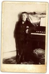 Cabinet Card Circa 1890s Young Boy Double Breast Suit & Bow Tie Next To Piano. Fixed Price $49.99.
